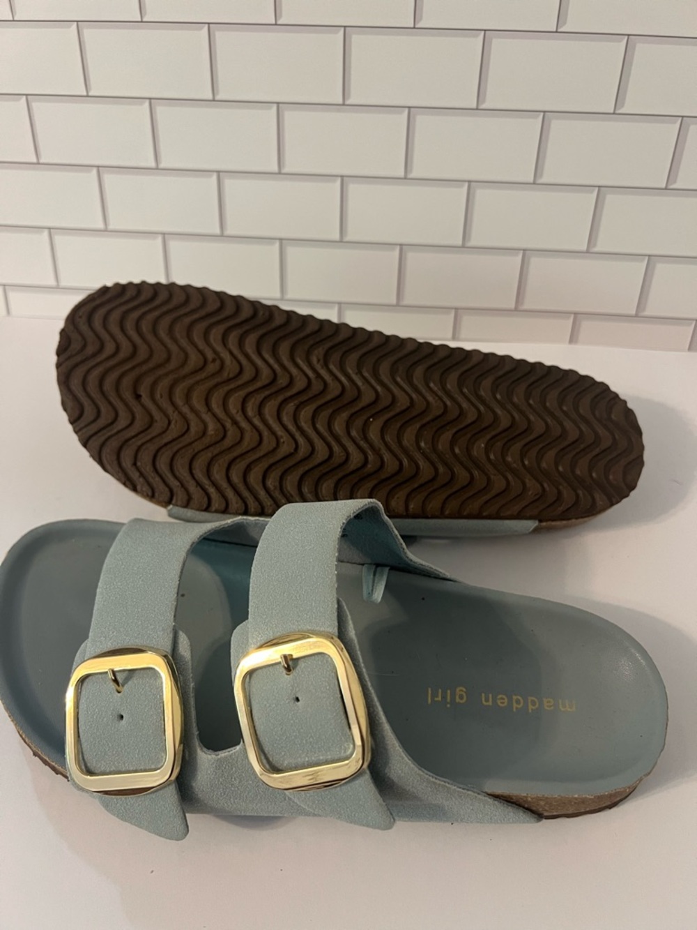 Madden Girl Light Blue Double Buckle Slides with Gold Buckles